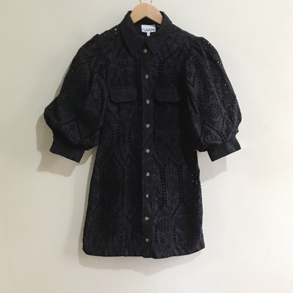 Ganni Eyelet Puff Sleeve Dress - Picture 4 of 9